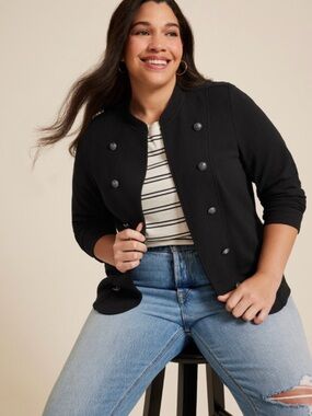 Black Double-Breasted Military Style Knit Jacket - Women